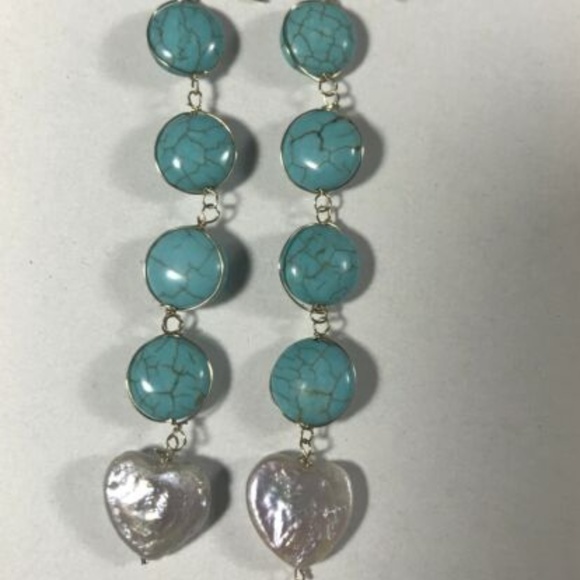 Turquoise and Perl Dangling Earrings Gold Filled - Picture 3 of 6